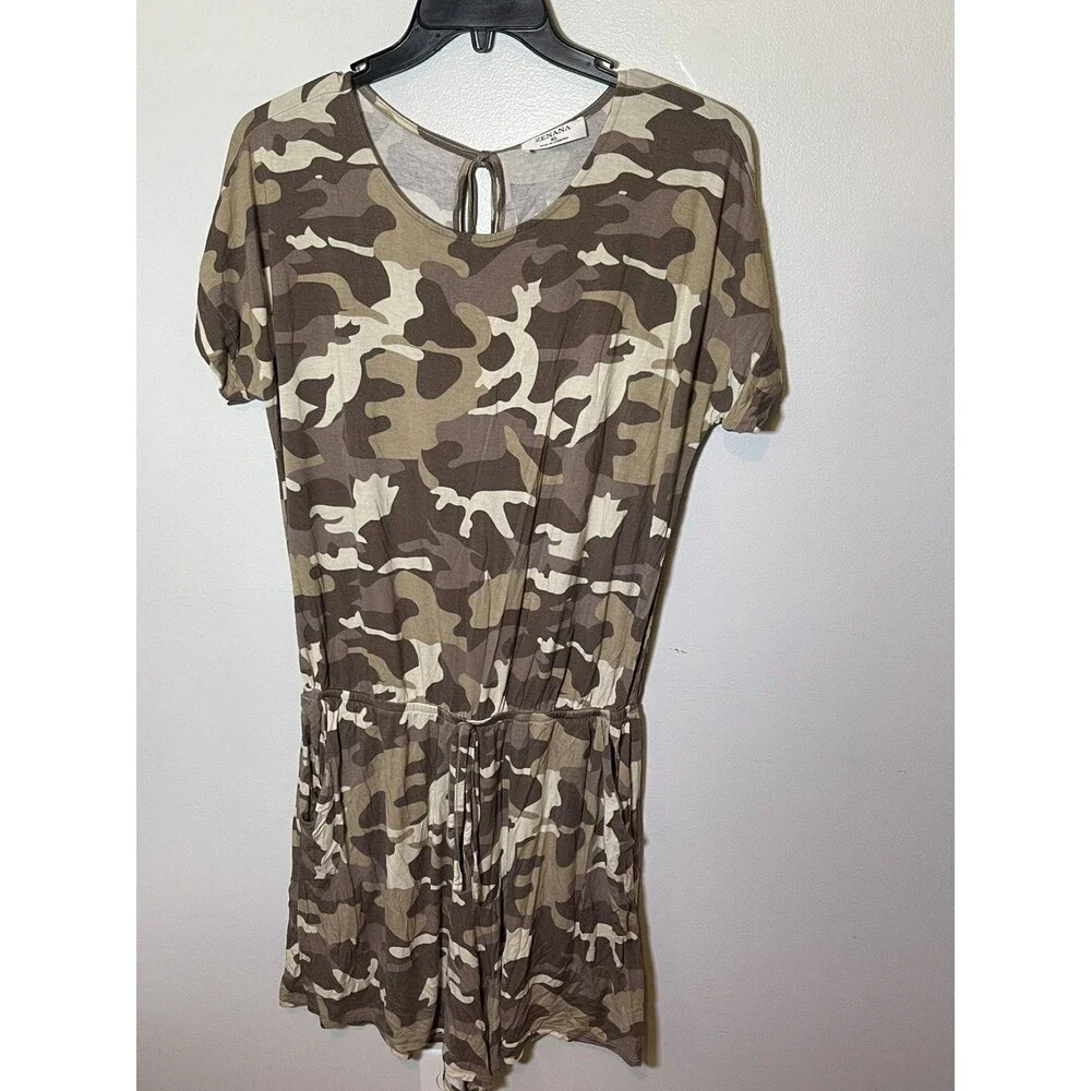 Zenana Women's Camo Print Romper Shorts With Cinche Tie Size X-Large